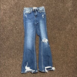 Blue Flare Wide Leg Jeans with Distressed Details